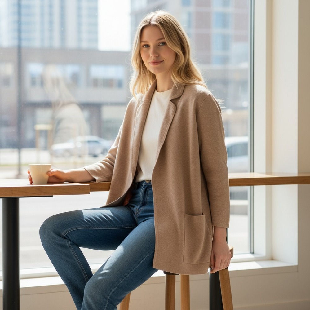 J.Crew Re-Imagined Merino Wool Blend Sweater Blazer Tan BA552 Womens Large